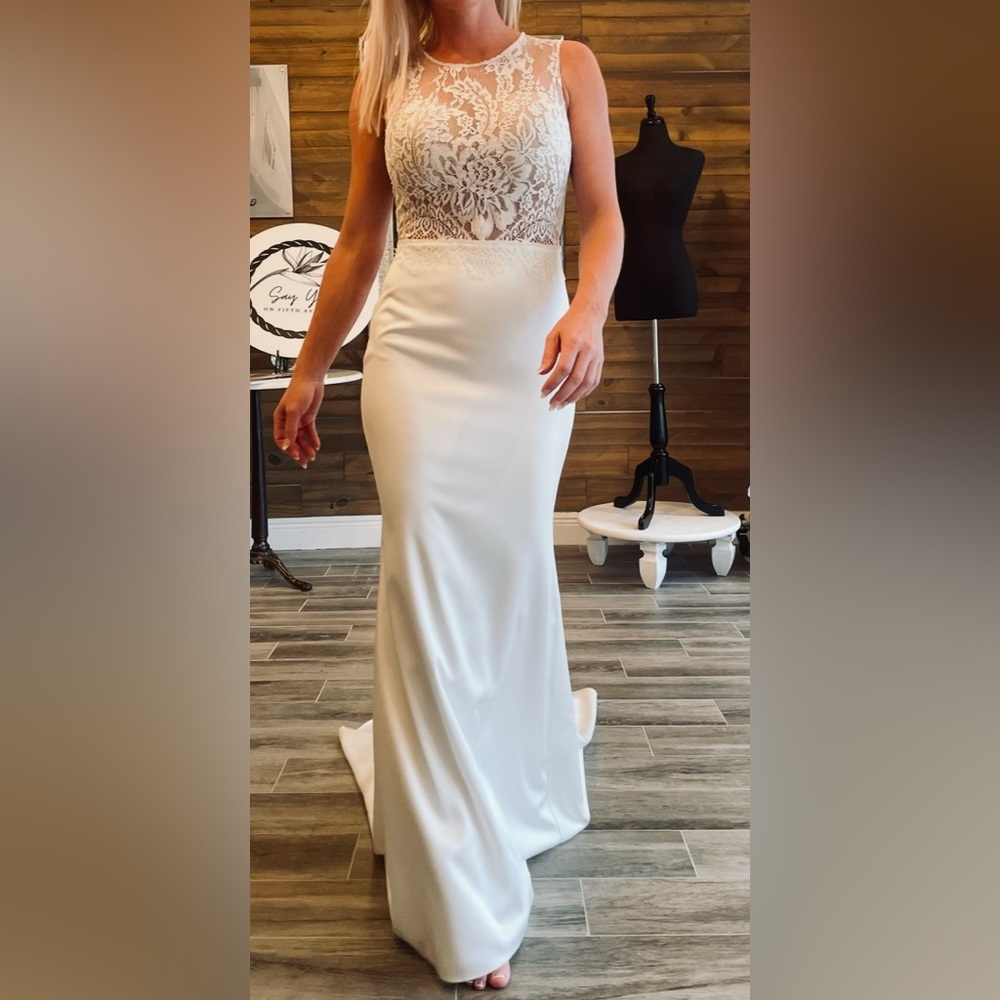 Elegant White Lace and satin wedding bridal dress by Liri Bridal